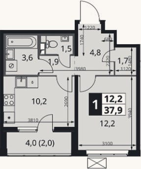 Планировка: 1-к, 35,9 м²