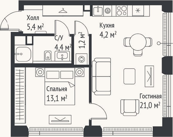 Планировка: 2-к, 49,3 м²