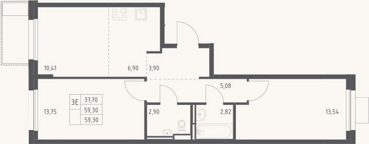 Планировка: 3-к, 59,3 м²