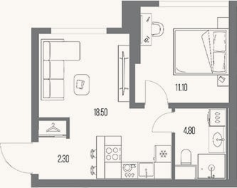 Планировка: 1-к, 36,7 м²