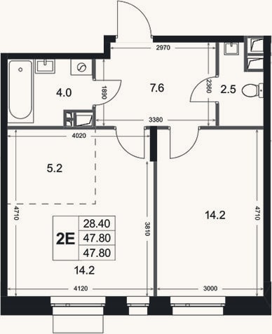 Планировка: 2-к, 47,8 м²