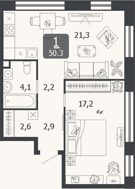 Планировка: 2-к, 50,3 м²