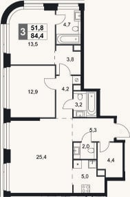 Планировка: 3-к, 84,4 м²