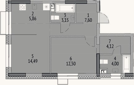 Планировка: 2-к, 51,7 м²