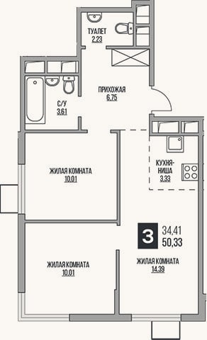 Планировка: 3-к, 50,3 м²
