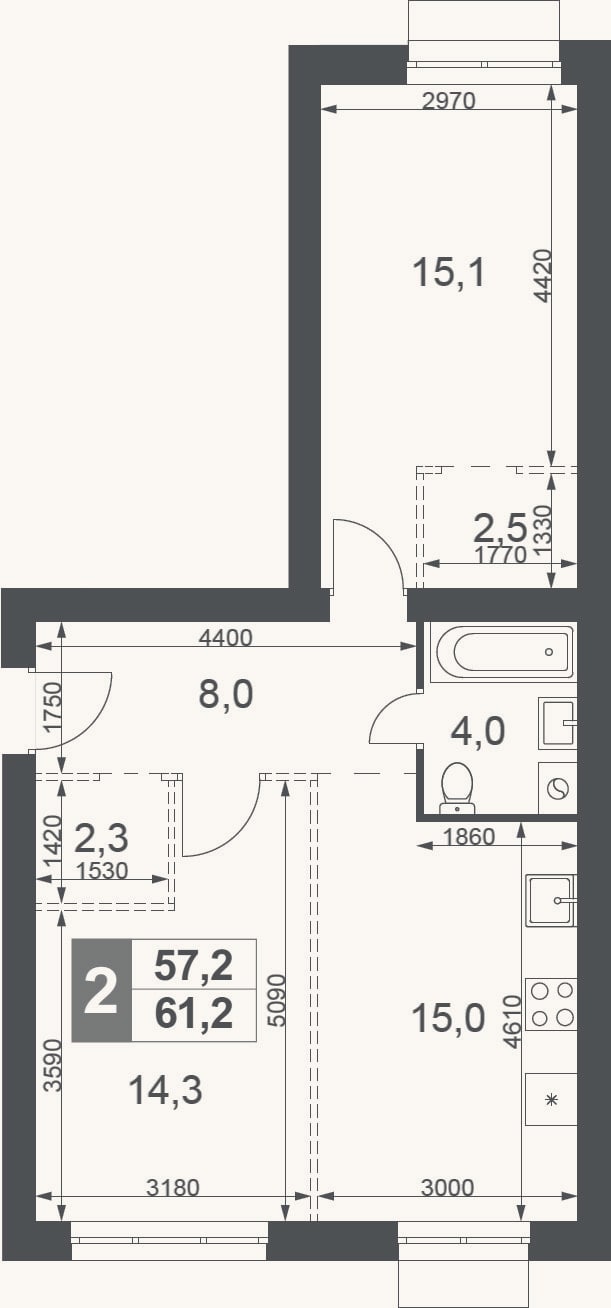 Планировка: 2-к, 61,2 м²