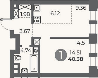 Планировка: 1-к, 40,4 м²