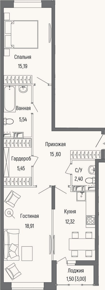 Планировка: 2-к, 75,4 м²