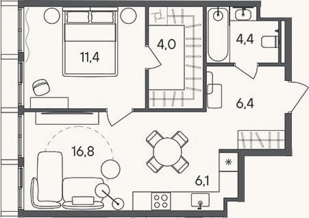 Планировка: 2-к, 49,1 м²