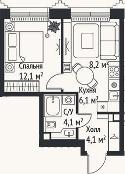 Планировка: 2-к, 34,6 м²