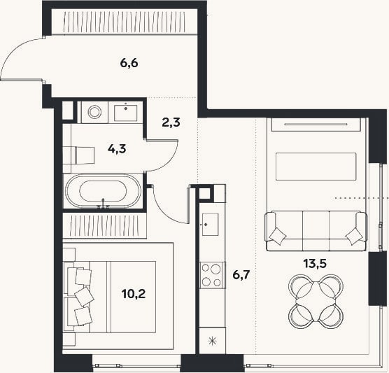 Планировка: 2-к, 43,6 м²