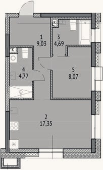 Планировка: 2-к, 43,9 м²