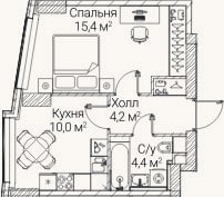 Планировка: 1-к, 34 м²