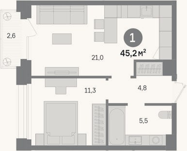 Планировка: 1-к, 42,6 м²