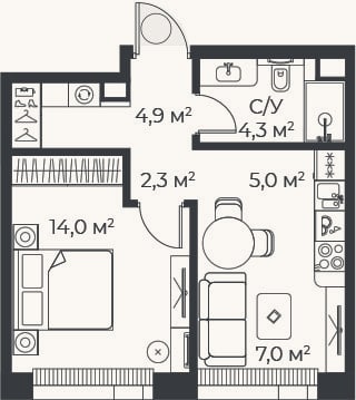 Планировка: 2-к, 37,5 м²