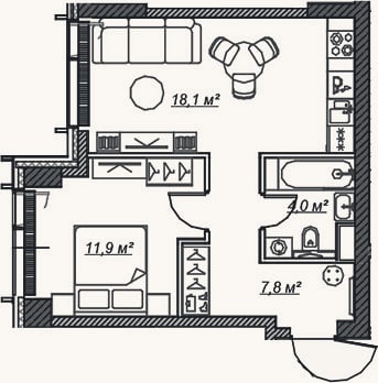 Планировка: 2-к, 41,9 м²