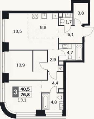Планировка: 3-к, 76,8 м²