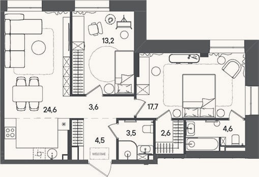 Планировка: 3-к, 74,3 м²