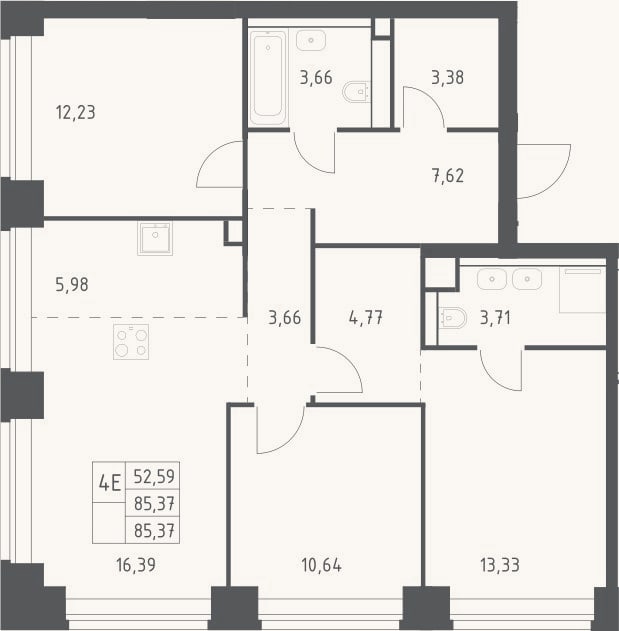 Планировка: 4+ к, 85,4 м²