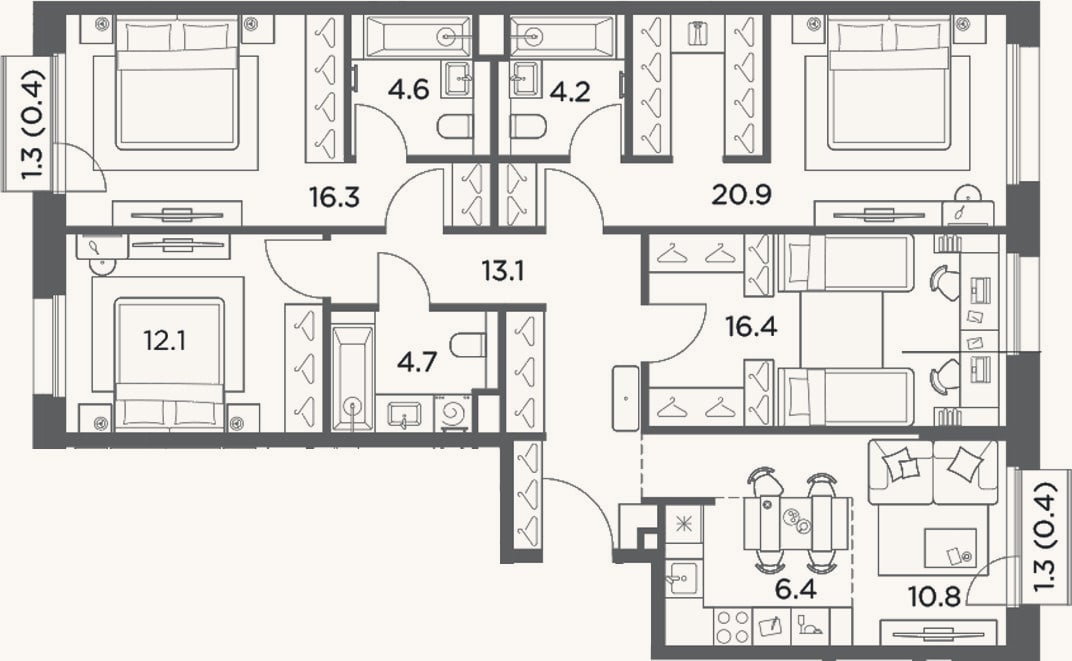Планировка: 4+ к, 109,5 м²