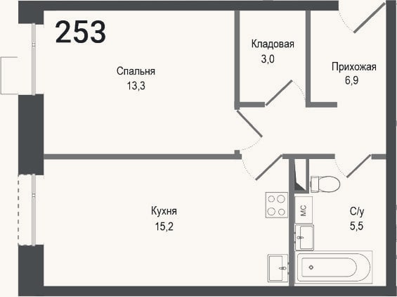 Планировка: 2-к, 43,9 м²