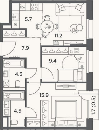 Планировка: 3-к, 58,9 м²