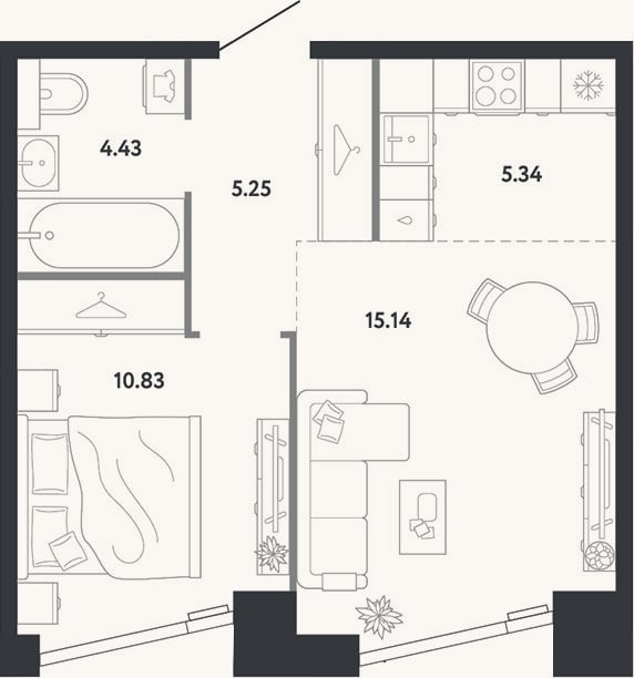Планировка: 1-к, 41 м²
