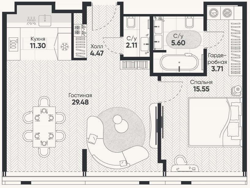 Планировка: 2-к, 71,3 м²