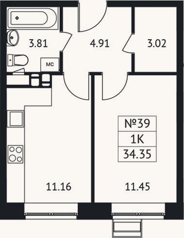 Планировка: 1-к, 34,4 м²
