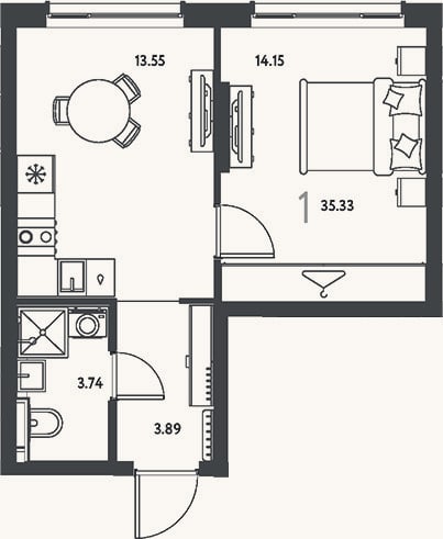 Планировка: 1-к, 35,3 м²