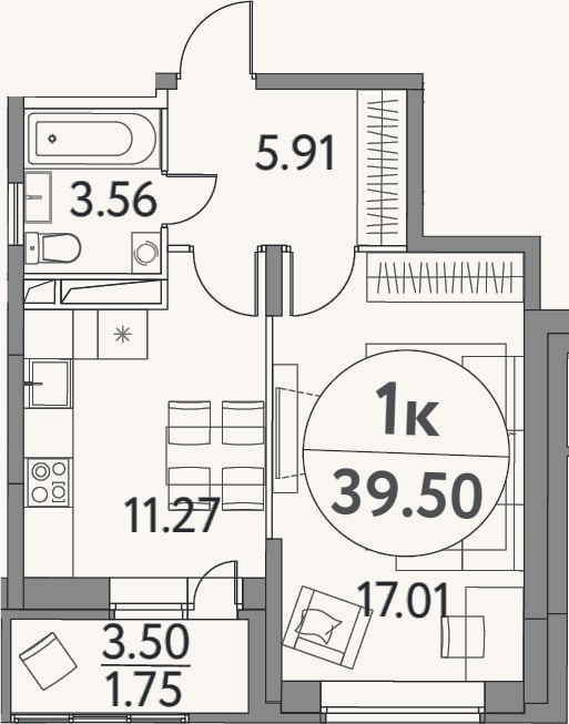 Планировка: 1-к, 37,8 м²