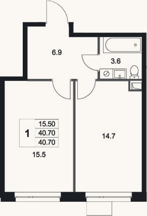 Планировка: 1-к, 40,7 м²