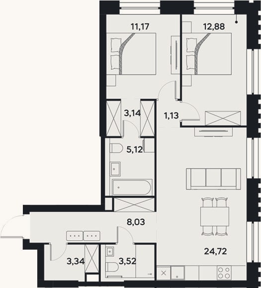 Планировка: 3-к, 73,1 м²