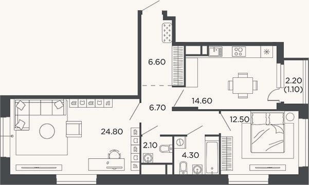 Планировка: 2-к, 71,6 м²
