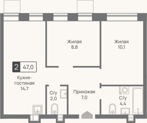 Планировка: 3-к, 47 м²