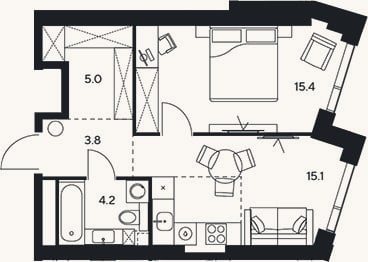 Планировка: 1-к, 43,5 м²