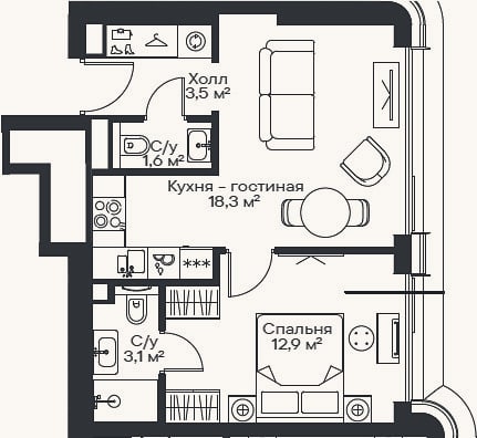 Планировка: 2-к, 39,4 м²
