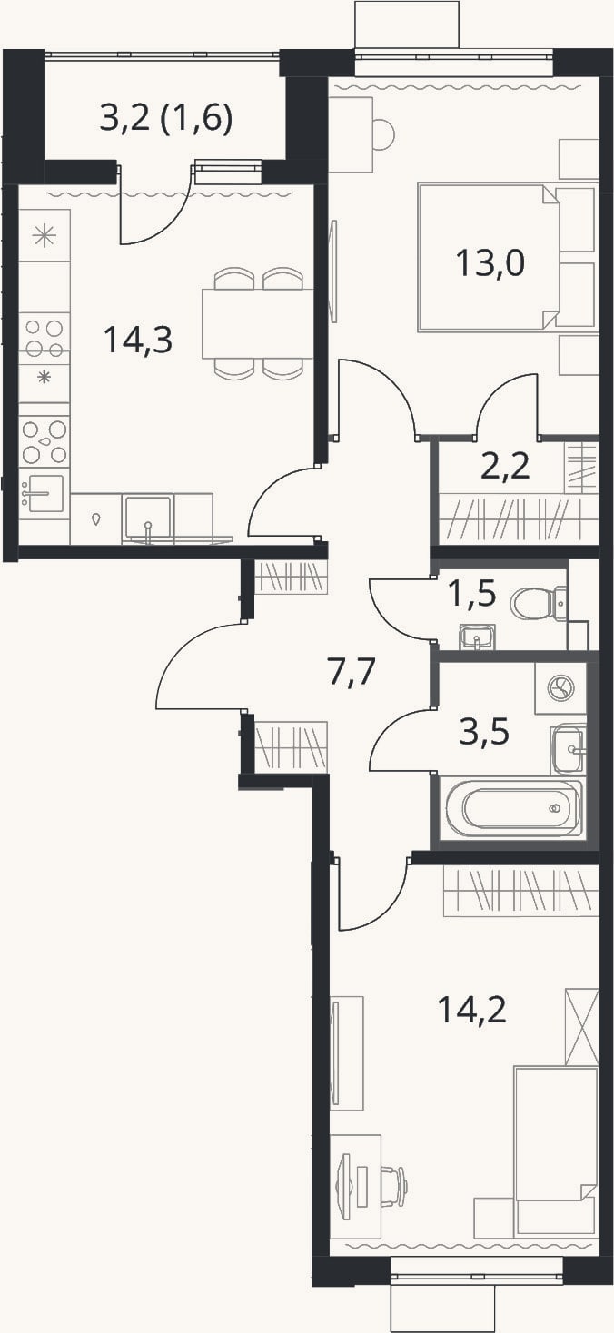 Планировка: 2-к, 55,8 м²