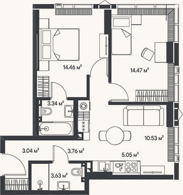 Планировка: 3-к, 58,3 м²