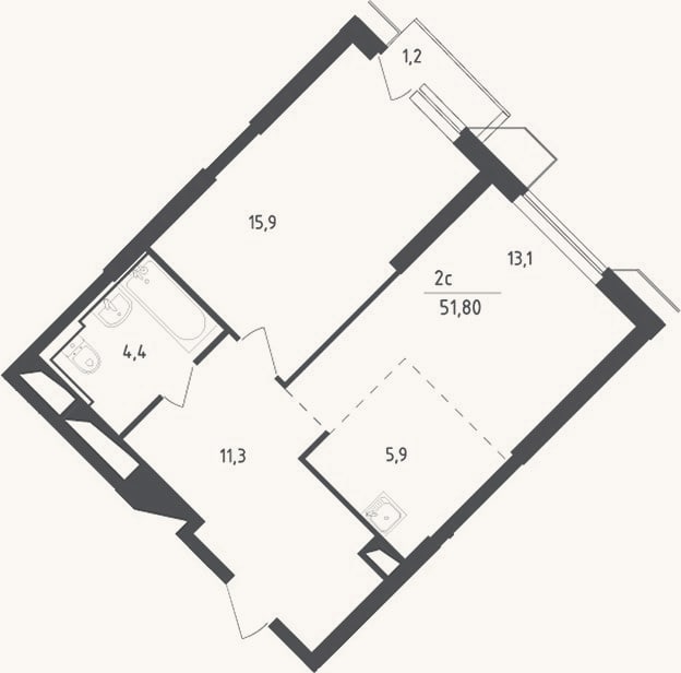 Планировка: 2-к, 50,6 м²