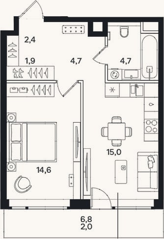 Планировка: 1-к, 43,3 м²