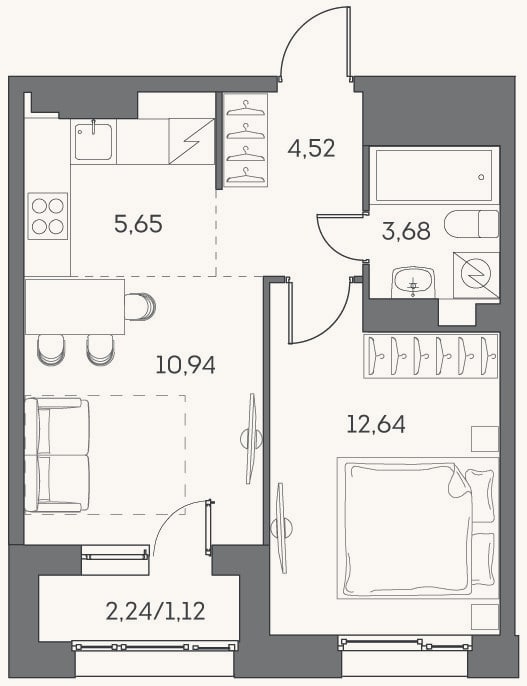 Планировка: 2-к, 37,4 м²