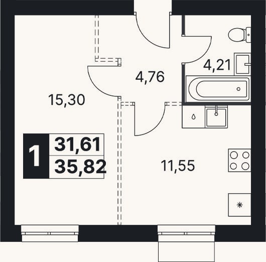 Планировка: 1-к, 35,8 м²