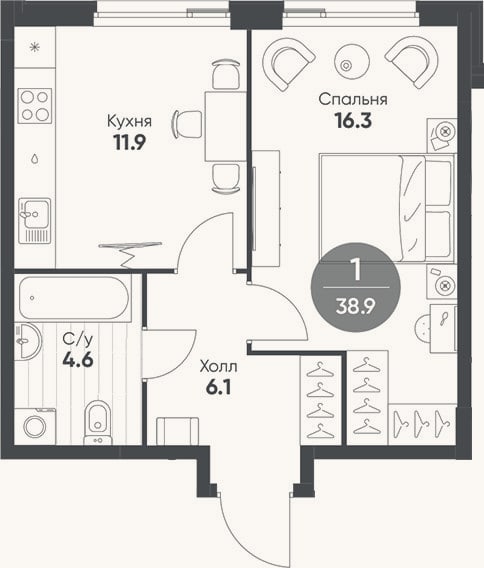Планировка: 1-к, 38,9 м²