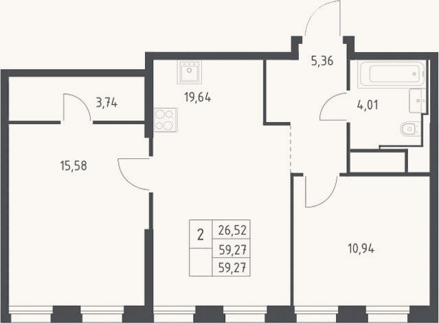 Планировка: 3-к, 59,3 м²