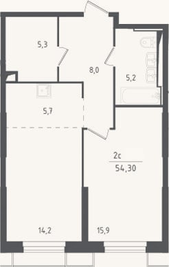 Планировка: 2-к, 54,3 м²