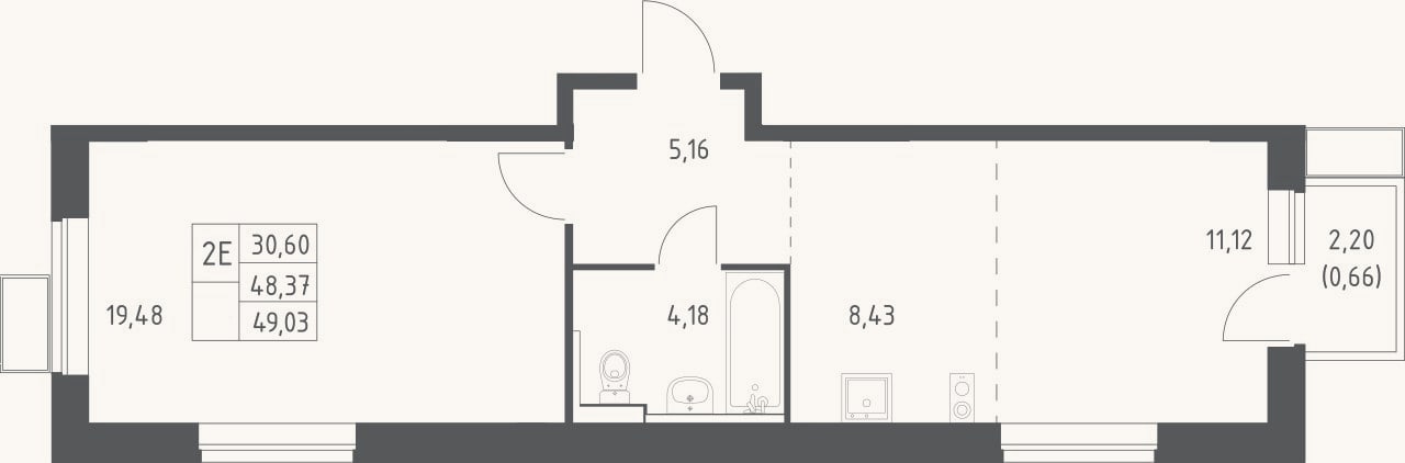 Планировка: 2-к, 48,4 м²