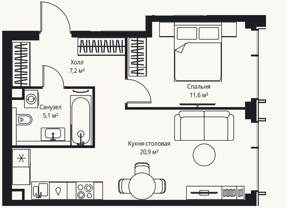 Планировка: 2-к, 44,8 м²