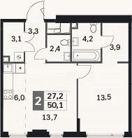 Планировка: 2-к, 50,1 м²