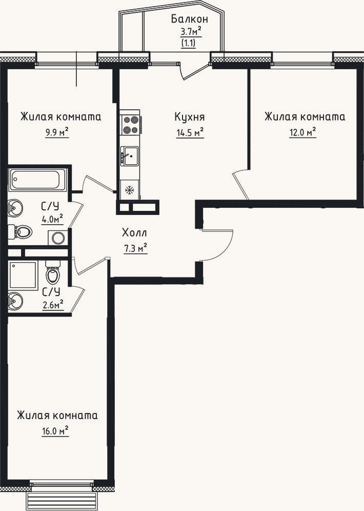 Планировка: 3-к, 66,3 м²